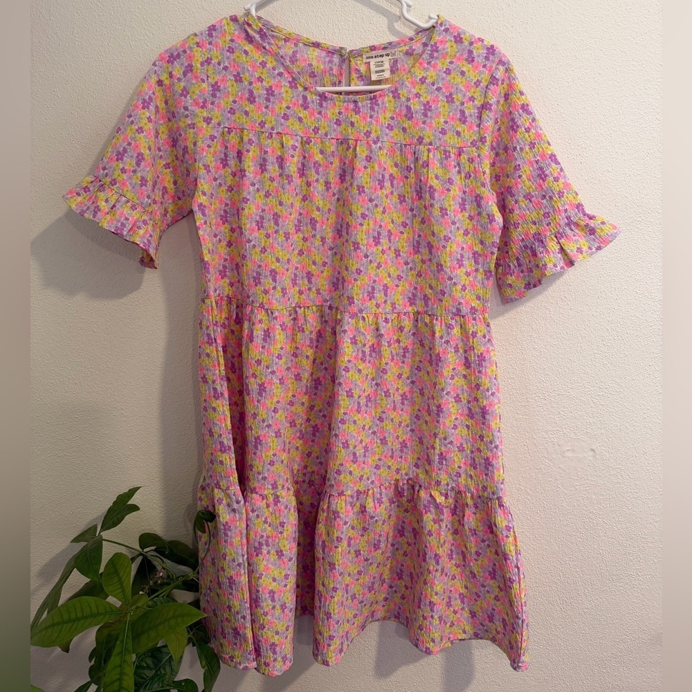One step up Floral Babydoll Dress Size L (14/16) Cottagecore Spring Pink Yellow